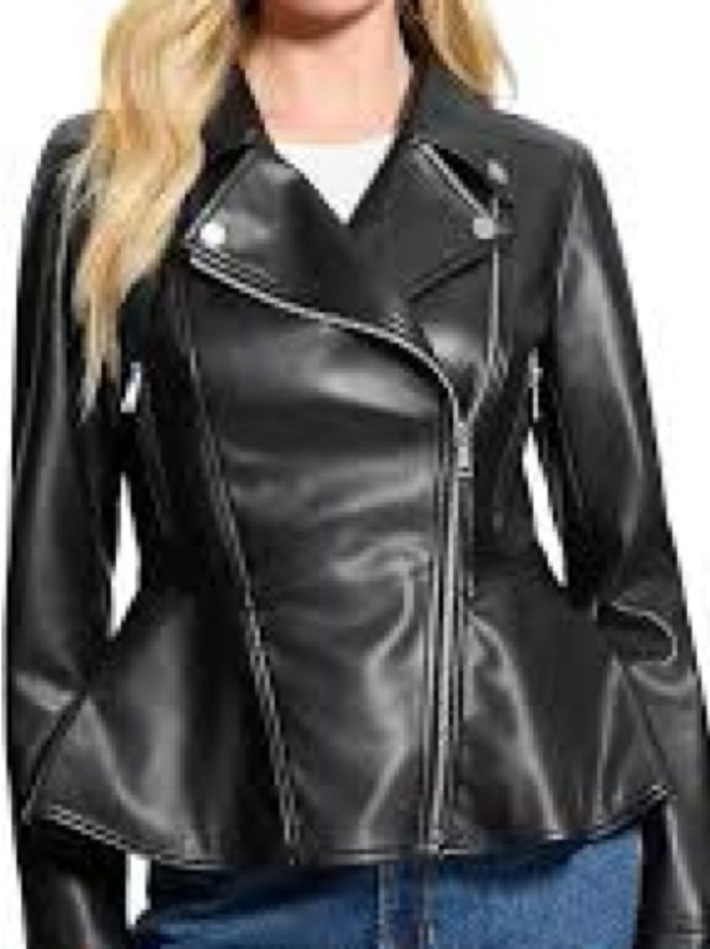 Guess Black Faux Leather Peplum Moto Jacket with Silver Hardware